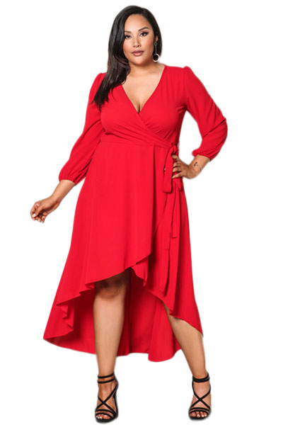 BY61759-3 Red Ruffle Wrap Plus Size Hi-low Dress